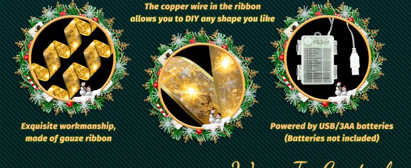 Elmmart Christmas Decorations Ribbon Lights 2.5Inch x 66Ft 200 Led Christmas Tree Ribbon Lights with 8 Lighting Modes, Battery Operated & USB Powered Fairy String Lights with Timer for Xmas Tree Decor