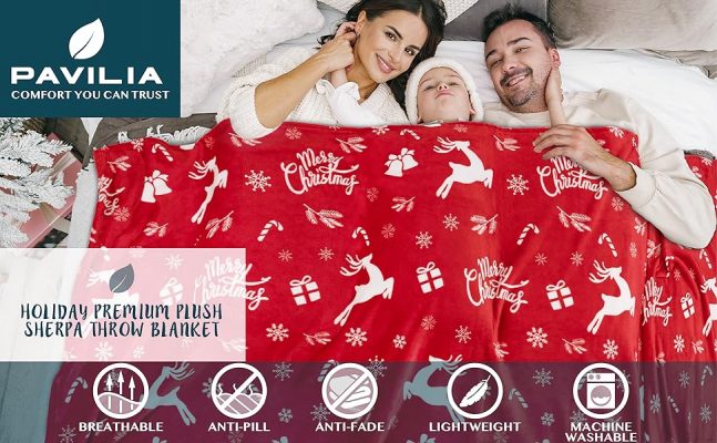 Elmmart PAVILIA Premium Christmas Sherpa Throw Blanket | Red Snowflake Decoration, Fleece, Plush, Warm, Cozy Reversible Microfiber Holiday Blanket 50 x 60