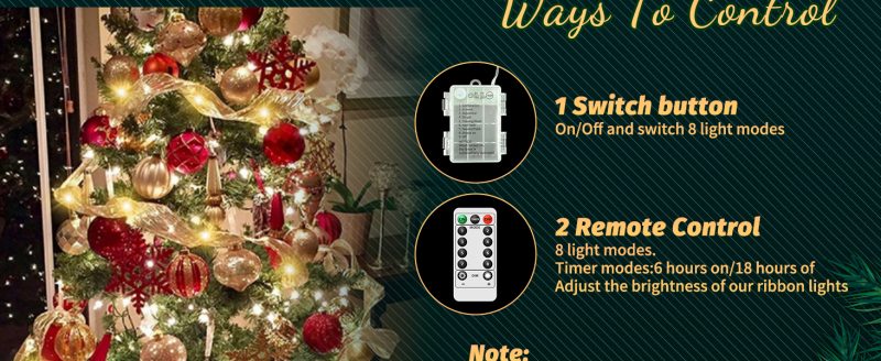 Elmmart Christmas Decorations Ribbon Lights 2.5Inch x 66Ft 200 Led Christmas Tree Ribbon Lights with 8 Lighting Modes, Battery Operated & USB Powered Fairy String Lights with Timer for Xmas Tree Decor