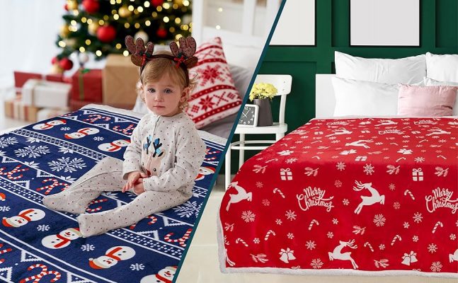 Elmmart PAVILIA Premium Christmas Sherpa Throw Blanket | Red Snowflake Decoration, Fleece, Plush, Warm, Cozy Reversible Microfiber Holiday Blanket 50 x 60