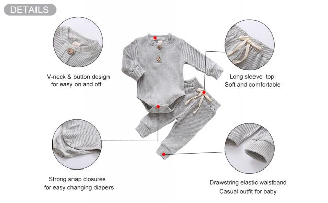 Elmmart Newborn Clothes Set Baby Boy Girl Ribbed Knitted Cotton Long Sleeve Romper Long Pants Solid Color Fall Winter Outfits