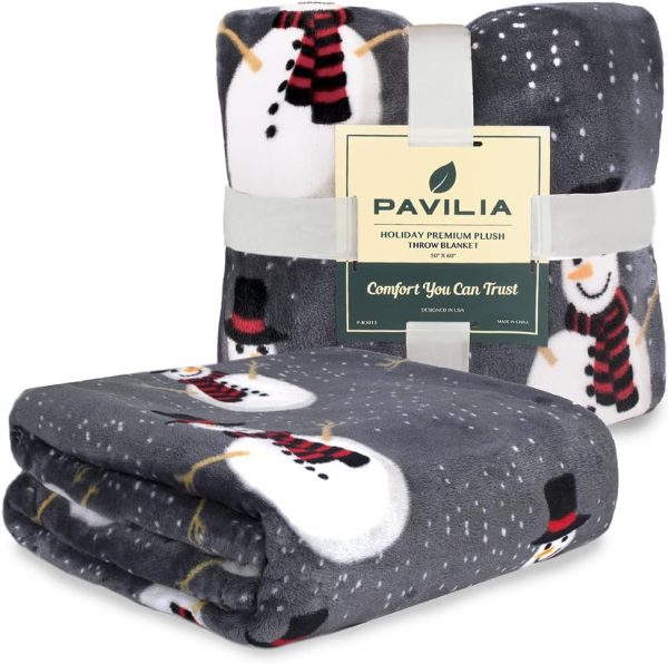 Elmmart PAVILIA Christmas Snowman Throw Blanket | Grey Christmas Fleece Blanket | Soft, Plush, Warm Winter Cabin Throw, 50x60 (Grey Snowman)