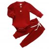 Elmmart Newborn Clothes Set Baby Boy Girl Ribbed Knitted Cotton Long Sleeve Romper Long Pants Solid Color Fall Winter Outfits