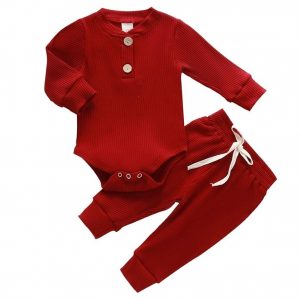 Elmmart Newborn Clothes Set Baby Boy Girl Ribbed Knitted Cotton Long Sleeve Romper Long Pants Solid Color Fall Winter Outfits