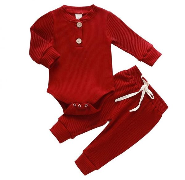 Elmmart Newborn Clothes Set Baby Boy Girl Ribbed Knitted Cotton Long Sleeve Romper Long Pants Solid Color Fall Winter Outfits