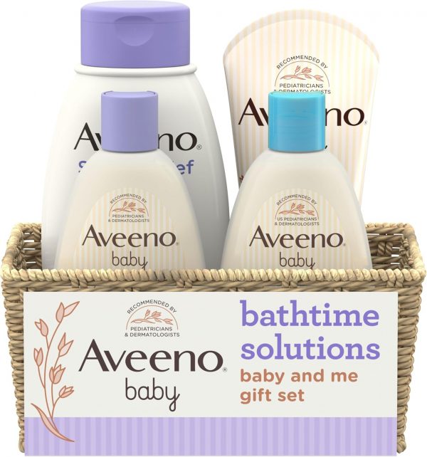 Elm Mart Aveeno Baby Bathtime Solutions Baby & Me Gift Set with Baby Wash & Shampoo, Calming Baby Bath, Baby Daily Moisturizing Lotion & Stress Relief Body Wash for Mom, Oatmeal, 4 Items