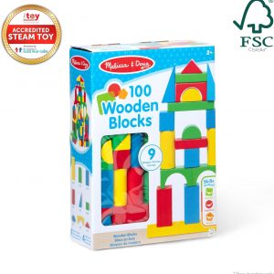 Elm Mart Melissa & Doug Wooden Building Blocks Set - 100 Blocks in 4 Colors and 9 Shapes - FSC Certified