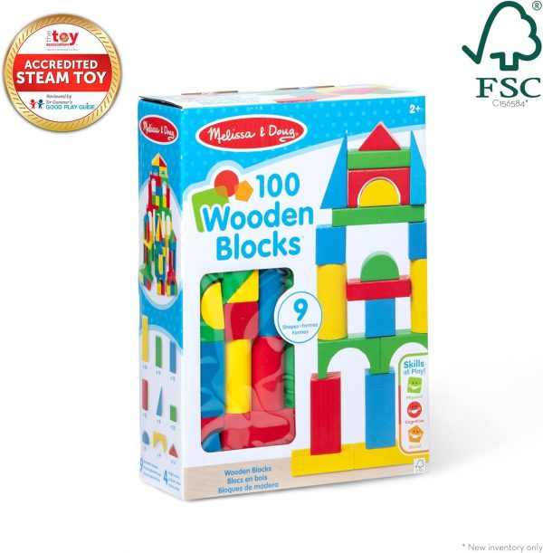 Elm Mart Melissa & Doug Wooden Building Blocks Set - 100 Blocks in 4 Colors and 9 Shapes - FSC Certified