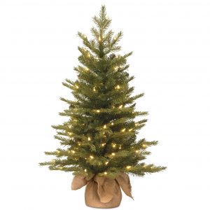 Elmmart National Tree Company Pre-Lit 'Feel Real' Artificial Mini Christmas Tree, Green, Nordic Spruce, White Lights, Includes Burlap Bag Base, 3 Feet