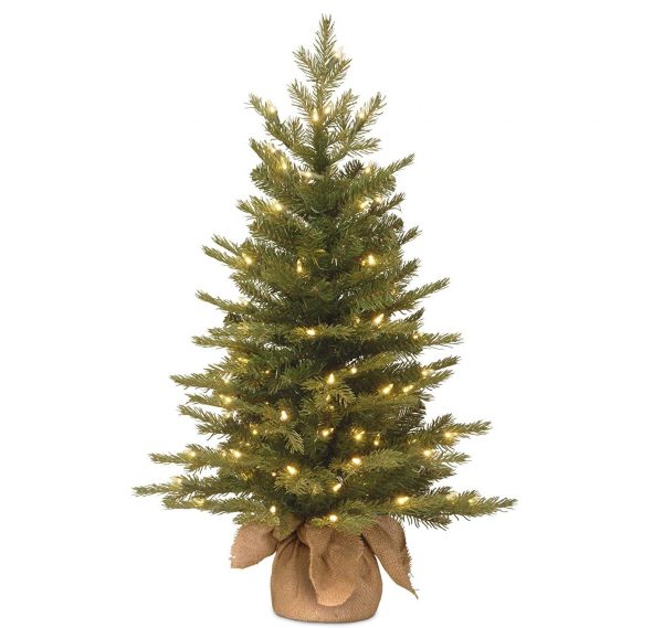 Elmmart National Tree Company Pre-Lit 'Feel Real' Artificial Mini Christmas Tree, Green, Nordic Spruce, White Lights, Includes Burlap Bag Base, 3 Feet