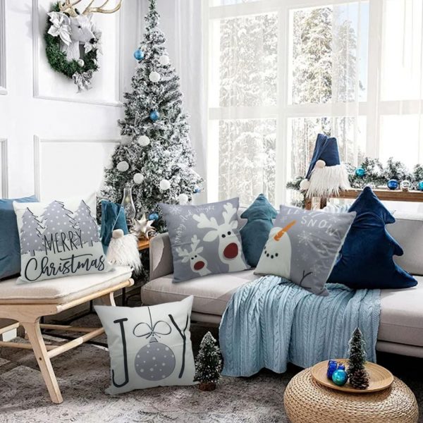 Elmmart PSDWETS Christmas Pillow Covers 18x18 Set of 4 Christmas Decorations Snowman Deer Christmas Tree Winter Holiday Decor Throw Cushion Case for Home Couch