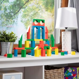 Elm Mart Melissa & Doug Wooden Building Blocks Set - 100 Blocks in 4 Colors and 9 Shapes - FSC Certified