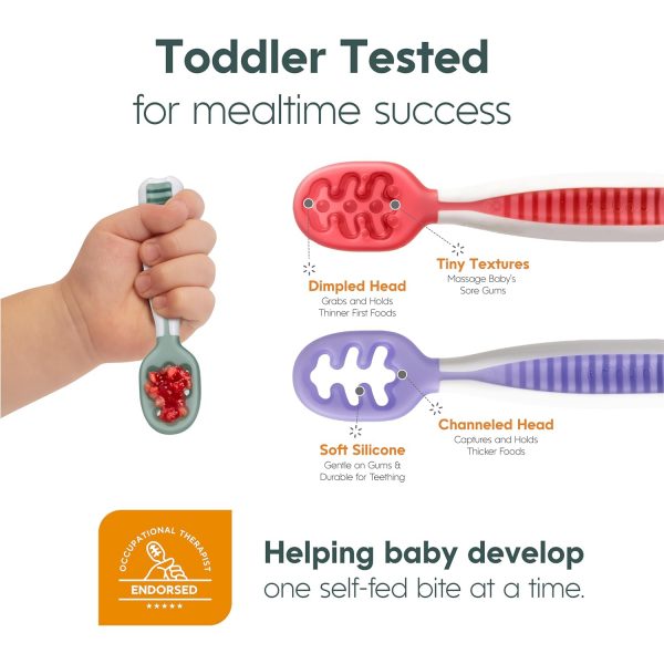 Elm Mart NumNum Baby Spoons Set, Pre-Spoon GOOtensils for Kids Aged 6+ Months - First Stage, Baby Led Weaning (BLW) Spoon - Self Feeding, Silicone Toddler Food Utensils - 2 Spoons, Blue/Orange