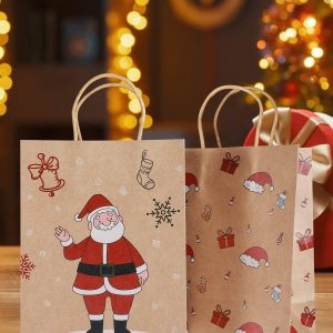 Elmmart Mjokoj 24 Pack Christmas Gift Bags, 6 Designs Christmas Kraft Paper Bags, 8.85x7.08x3.5 Inches with Handles Xmas Gift Bags, Suitable for Holiday Kraft Paper Gift Bags, Reusable Christmas Gift Bags