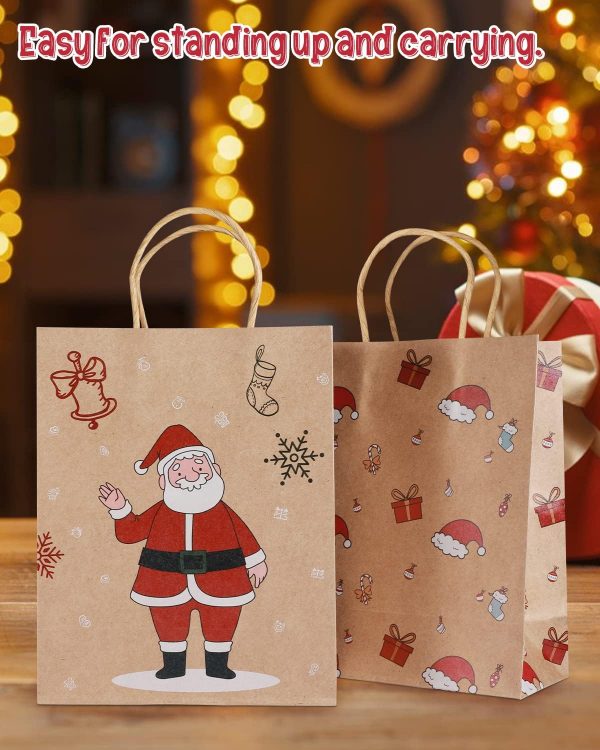 Elmmart Mjokoj 24 Pack Christmas Gift Bags, 6 Designs Christmas Kraft Paper Bags, 8.85x7.08x3.5 Inches with Handles Xmas Gift Bags, Suitable for Holiday Kraft Paper Gift Bags, Reusable Christmas Gift Bags