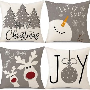 Elmmart PSDWETS Christmas Pillow Covers 18x18 Set of 4 Christmas Decorations Snowman Deer Christmas Tree Winter Holiday Decor Throw Cushion Case for Home Couch