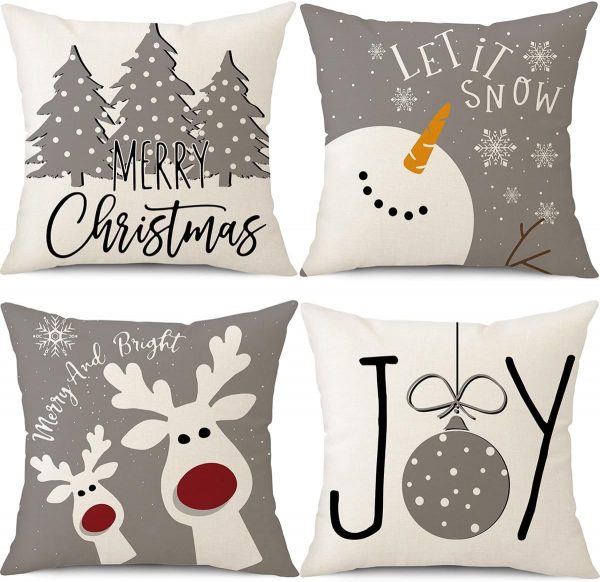 Elmmart PSDWETS Christmas Pillow Covers 18x18 Set of 4 Christmas Decorations Snowman Deer Christmas Tree Winter Holiday Decor Throw Cushion Case for Home Couch