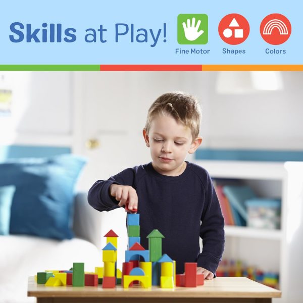 Elm Mart Melissa & Doug Wooden Building Blocks Set - 100 Blocks in 4 Colors and 9 Shapes - FSC Certified