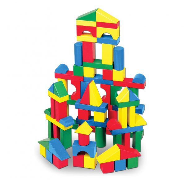 Elm Mart Melissa & Doug Wooden Building Blocks Set - 100 Blocks in 4 Colors and 9 Shapes - FSC Certified