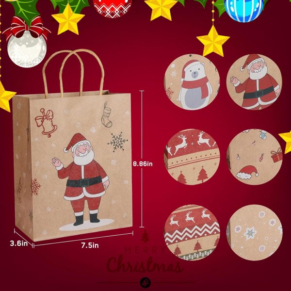 Elmmart Mjokoj 24 Pack Christmas Gift Bags, 6 Designs Christmas Kraft Paper Bags, 8.85x7.08x3.5 Inches with Handles Xmas Gift Bags, Suitable for Holiday Kraft Paper Gift Bags, Reusable Christmas Gift Bags