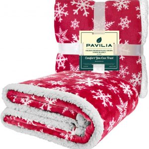 Elmmart PAVILIA Premium Christmas Sherpa Throw Blanket | Red Snowflake Decoration, Fleece, Plush, Warm, Cozy Reversible Microfiber Holiday Blanket 50 x 60