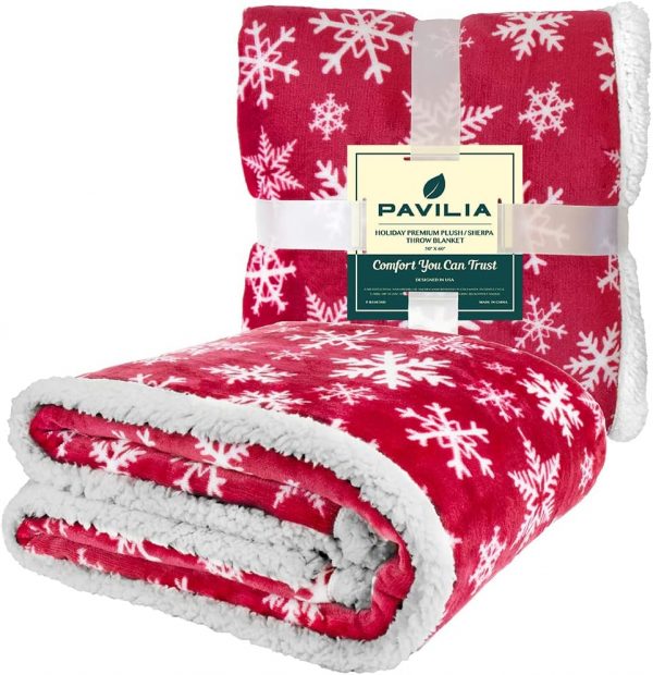 Elmmart PAVILIA Premium Christmas Sherpa Throw Blanket | Red Snowflake Decoration, Fleece, Plush, Warm, Cozy Reversible Microfiber Holiday Blanket 50 x 60