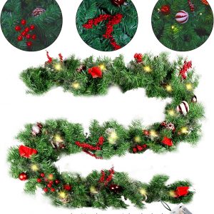 Elmmart MorTime 9 FT LED Christmas Garland with Pinecones Red Berries Bows Christmas Balls Candies, Multi-Function Christmas Garland with 50 Warm White LED Lights, 180 Branch Tips