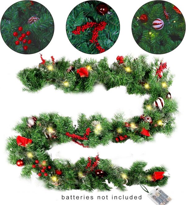 Elmmart MorTime 9 FT LED Christmas Garland with Pinecones Red Berries Bows Christmas Balls Candies, Multi-Function Christmas Garland with 50 Warm White LED Lights, 180 Branch Tips