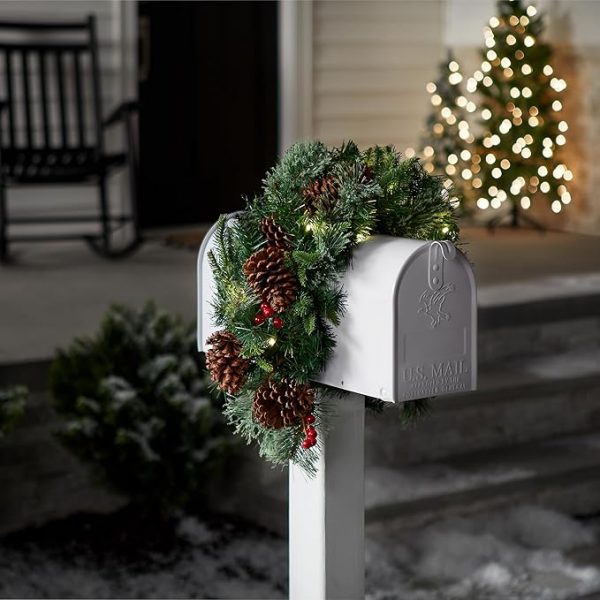 Elmmart Pre-lit Artificial Christmas Mail Box Swag Flocked with Mixed Decorations and White LED Lights Colonial-36 Inch National Tree Company