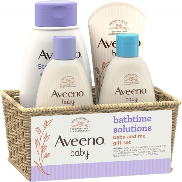 Elm Mart Aveeno Baby Bathtime Solutions Baby & Me Gift Set with Baby Wash & Shampoo, Calming Baby Bath, Baby Daily Moisturizing Lotion & Stress Relief Body Wash for Mom, Oatmeal, 4 Items