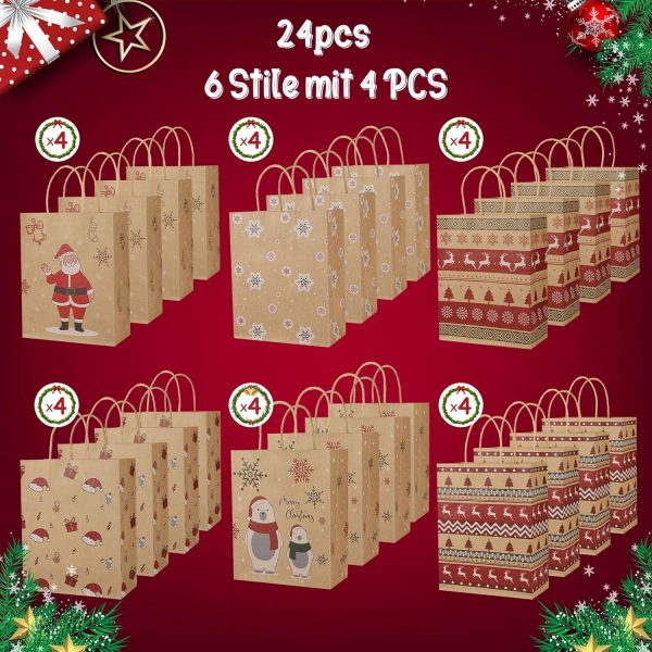 Elmmart Mjokoj 24 Pack Christmas Gift Bags, 6 Designs Christmas Kraft Paper Bags, 8.85x7.08x3.5 Inches with Handles Xmas Gift Bags, Suitable for Holiday Kraft Paper Gift Bags, Reusable Christmas Gift Bags