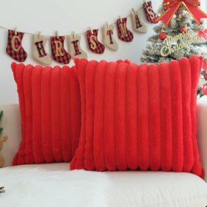 Elmmart JOJUSIS Pack of 2 Pillow Covers Faux Fur Plush Decorative Christmas Red Throw Couch Cushion Case Soft Pillowcases (Red, 18 x 18-Inch)
