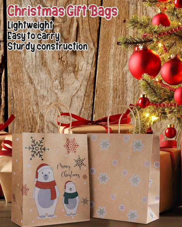 Elmmart Mjokoj 24 Pack Christmas Gift Bags, 6 Designs Christmas Kraft Paper Bags, 8.85x7.08x3.5 Inches with Handles Xmas Gift Bags, Suitable for Holiday Kraft Paper Gift Bags, Reusable Christmas Gift Bags