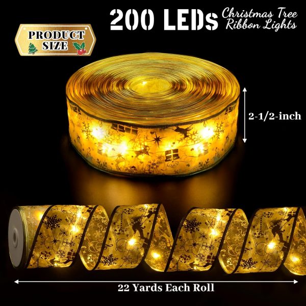 Elmmart Christmas Decorations Ribbon Lights 2.5Inch x 66Ft 200 Led Christmas Tree Ribbon Lights with 8 Lighting Modes, Battery Operated & USB Powered Fairy String Lights with Timer for Xmas Tree Decor