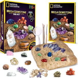 Elm Mart National Geographic Mega Gemstone Dig Kit – Dig Up 15 Real Gemstones and Crystals, Science Kit for Kids, Gem Digging Kit, Gift for Girls and Boys, Mining Kit, Rock Collection