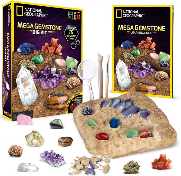 Elm Mart National Geographic Mega Gemstone Dig Kit – Dig Up 15 Real Gemstones and Crystals, Science Kit for Kids, Gem Digging Kit, Gift for Girls and Boys, Mining Kit, Rock Collection