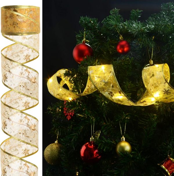 Elmmart Christmas Decorations Ribbon Lights 2.5Inch x 66Ft 200 Led Christmas Tree Ribbon Lights with 8 Lighting Modes, Battery Operated & USB Powered Fairy String Lights with Timer for Xmas Tree Decor