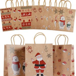 Elmmart Mjokoj 24 Pack Christmas Gift Bags, 6 Designs Christmas Kraft Paper Bags, 8.85x7.08x3.5 Inches with Handles Xmas Gift Bags, Suitable for Holiday Kraft Paper Gift Bags, Reusable Christmas Gift Bags