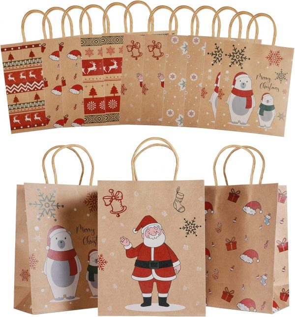 Elmmart Mjokoj 24 Pack Christmas Gift Bags, 6 Designs Christmas Kraft Paper Bags, 8.85x7.08x3.5 Inches with Handles Xmas Gift Bags, Suitable for Holiday Kraft Paper Gift Bags, Reusable Christmas Gift Bags