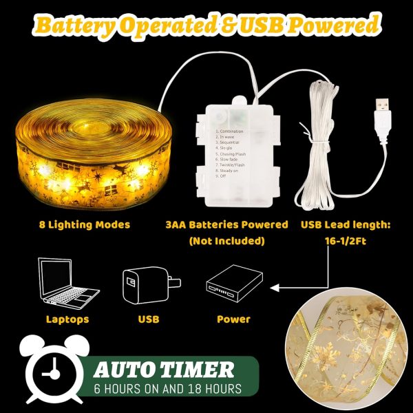 Elmmart Christmas Decorations Ribbon Lights 2.5Inch x 66Ft 200 Led Christmas Tree Ribbon Lights with 8 Lighting Modes, Battery Operated & USB Powered Fairy String Lights with Timer for Xmas Tree Decor