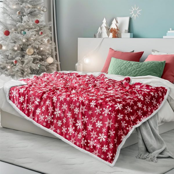 Elmmart PAVILIA Premium Christmas Sherpa Throw Blanket | Red Snowflake Decoration, Fleece, Plush, Warm, Cozy Reversible Microfiber Holiday Blanket 50 x 60