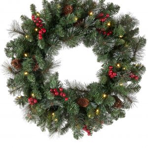 Elmmart National Tree Company Pre-Lit Artificial Christmas Wreath, Green, Crestwood Spruce, White Lights, Decorated with Pine Cones, Berry Clusters, Frosted Branches, Christmas Collection, 24 Inches