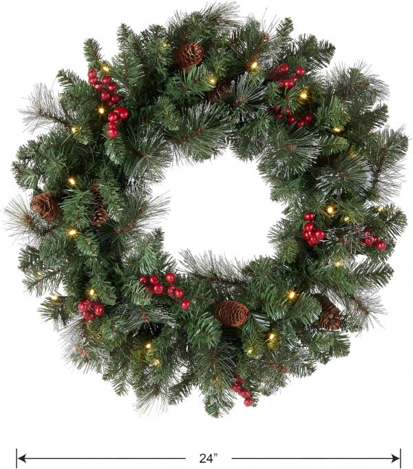 Elmmart National Tree Company Pre-Lit Artificial Christmas Wreath, Green, Crestwood Spruce, White Lights, Decorated with Pine Cones, Berry Clusters, Frosted Branches, Christmas Collection, 24 Inches