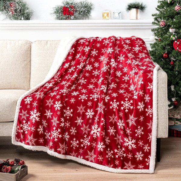 Elmmart PAVILIA Premium Christmas Sherpa Throw Blanket | Red Snowflake Decoration, Fleece, Plush, Warm, Cozy Reversible Microfiber Holiday Blanket 50 x 60