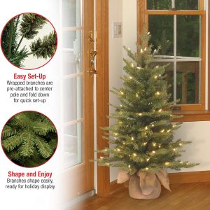 Elmmart National Tree Company Pre-Lit 'Feel Real' Artificial Mini Christmas Tree, Green, Nordic Spruce, White Lights, Includes Burlap Bag Base, 3 Feet