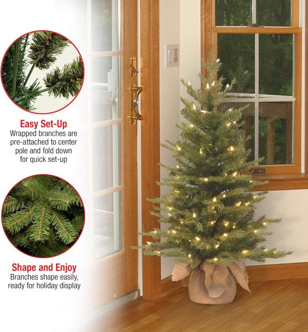 Elmmart National Tree Company Pre-Lit 'Feel Real' Artificial Mini Christmas Tree, Green, Nordic Spruce, White Lights, Includes Burlap Bag Base, 3 Feet