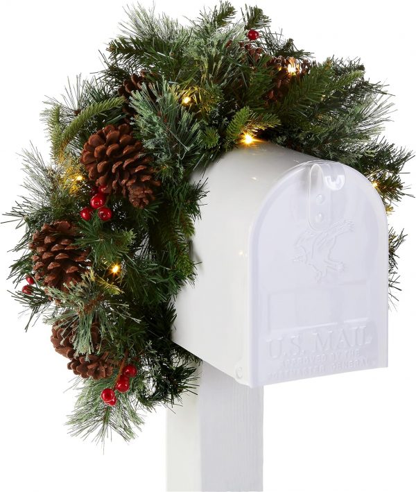Elmmart Pre-lit Artificial Christmas Mail Box Swag Flocked with Mixed Decorations and White LED Lights Colonial-36 Inch National Tree Company