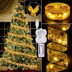 Elmmart Christmas Decorations Ribbon Lights 2.5Inch x 66Ft 200 Led Christmas Tree Ribbon Lights with 8 Lighting Modes, Battery Operated & USB Powered Fairy String Lights with Timer for Xmas Tree Decor