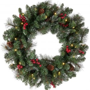 Elmmart National Tree Company Pre-Lit Artificial Christmas Wreath, Green, Crestwood Spruce, White Lights, Decorated with Pine Cones, Berry Clusters, Frosted Branches, Christmas Collection, 24 Inches