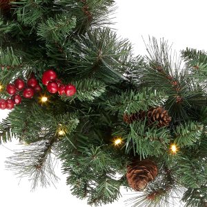 Elmmart National Tree Company Pre-Lit Artificial Christmas Wreath, Green, Crestwood Spruce, White Lights, Decorated with Pine Cones, Berry Clusters, Frosted Branches, Christmas Collection, 24 Inches